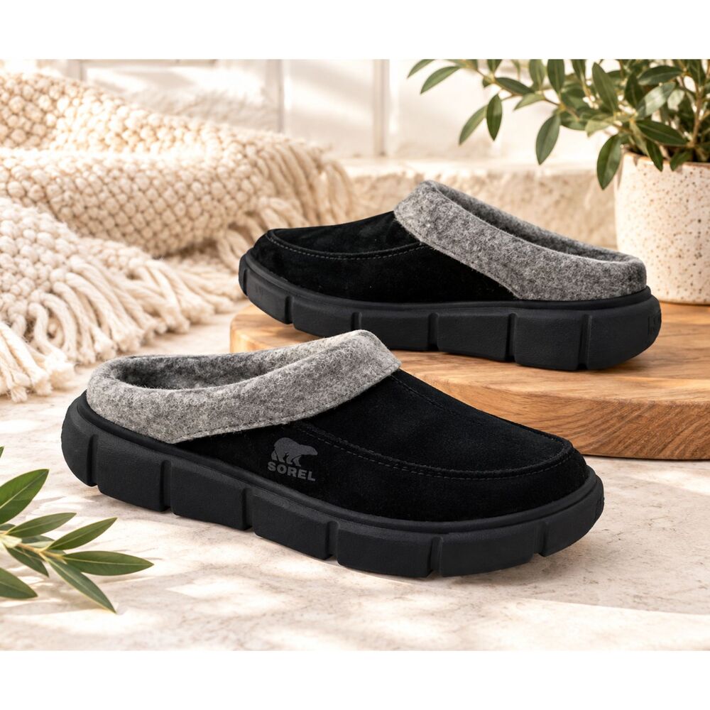 NIB Sorel Explorer III Black Suede Gray Felt Trim Mule Clogs Slip On Shoes Sz 5